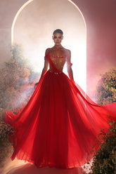Modern Long Red A-line Off-the-shoulder Chiffon Beading Prom Evening Dresses